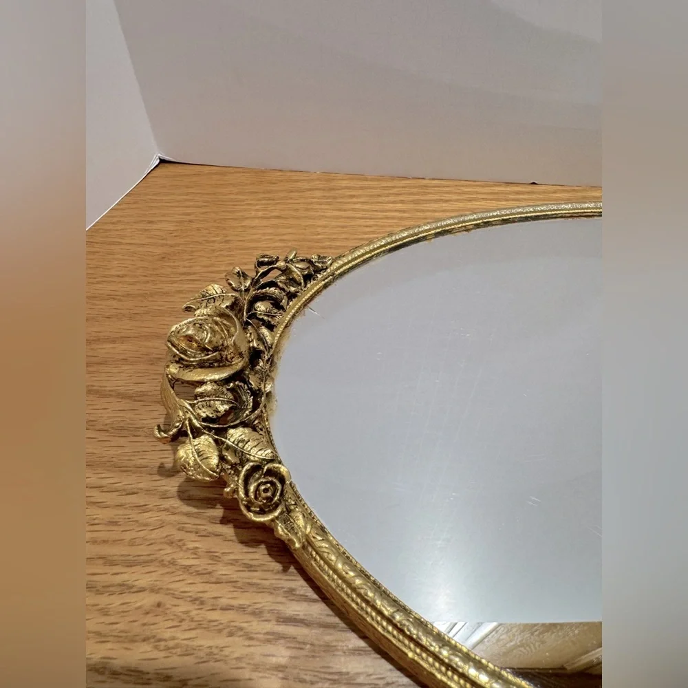 Gold Metal Vanity Tray Set with Jewelry Stand and Mirrored Tray